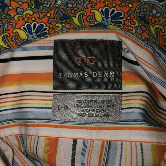 Thomas Dean Mens Large Multicolored Striped Flip Cuff Button Up Collar Shirt L - Picture 10 of 11